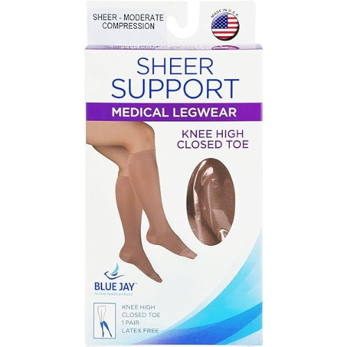 Blue Jay Ladies Sheer Firm Support Knee High, 20-30 mmHg Compression, Beige, Large