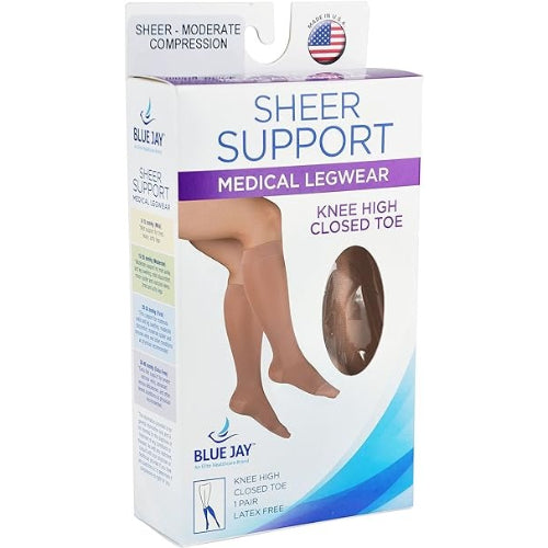 Blue Jay Ladies Sheer Firm Support Knee High, 20-30 mmHg Compression, Beige, Large