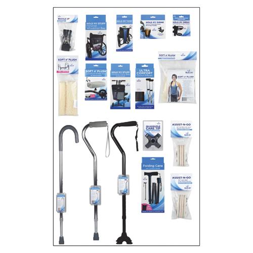 Blue Jay 3 feet planogram with mobility aids, canes, seat belts, knee pads, and accessories for wheelchair, walker and scooter, Moovkart.
