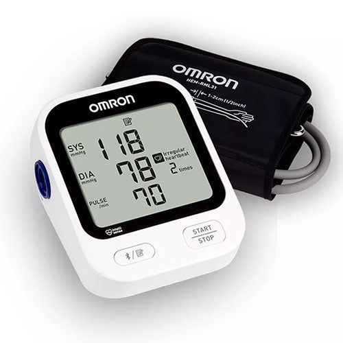 Omron 5 Series Blood Pressure Monitor showing clear results on large LCD screen, Moovkart