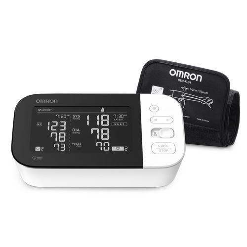 Omron 10 Series upper arm BP monitor with dual LCD for accurate home readings, Moovkart