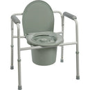 ProBasics 3-in-1 Steel Commode Chair with adjustable height and plastic armrests for safety. Moovkart
