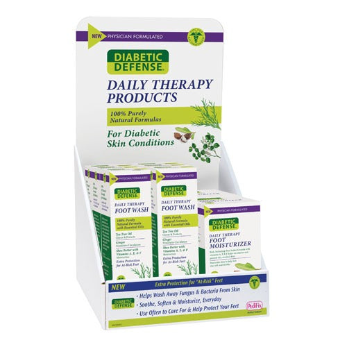 Countertop display of PediFix Diabetic Defense Daily Therapy products for foot wash and moisturizer, Moovkart