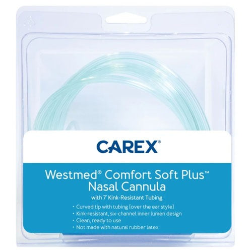 Carex Westmed Comfort Soft Plus Nasal Cannula with kink-resistant tubing and curved tip design for comfortable oxygen therapy, Moovkart