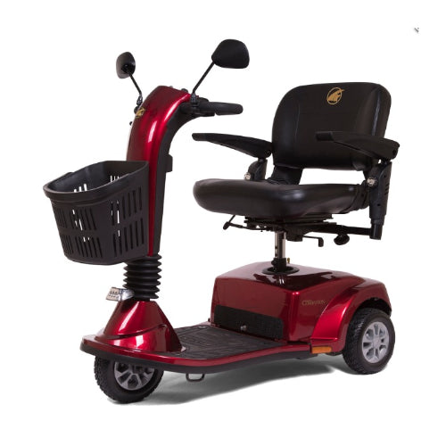Golden Technologies 3 Wheel Electric Scooter displayed with disassembled parts, highlighting its easy transport and storage, Moovkart
