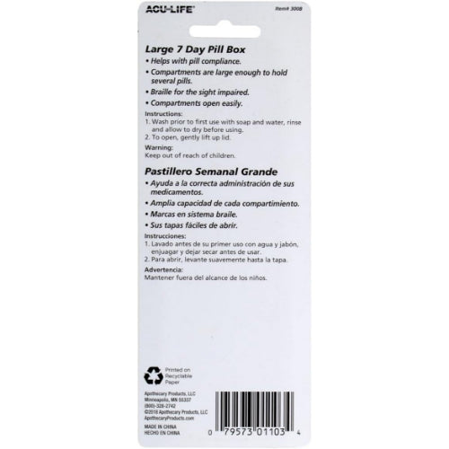 Acu-Life 7 Day Pill Box Organizer, Large