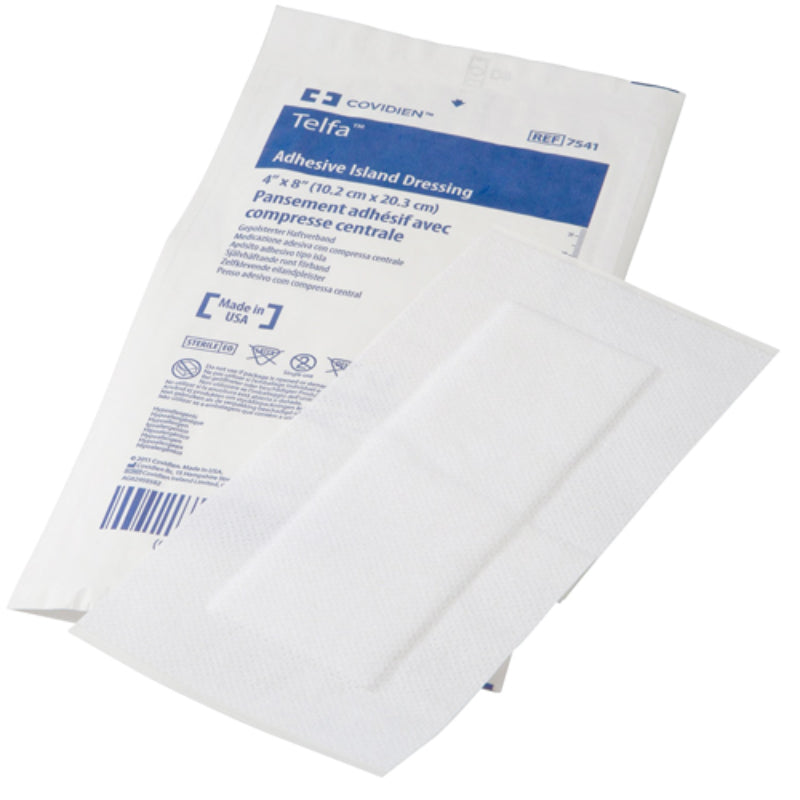 Covidien Telfa Adhesive Island Dressing 4 x 8 Inches are Non-adherent wound care dressing with soft backing for secure healing and protection, Moovkart.