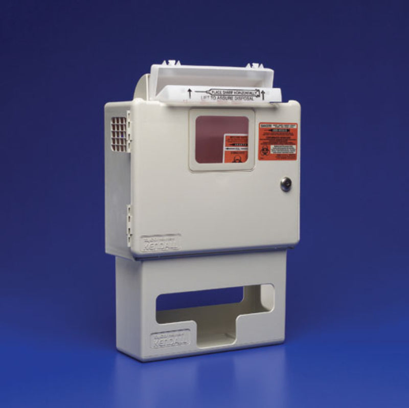 Covidien Sharps 5 Quantity Container with Glove Box provides Wall-mounted, durable ABS plastic enclosure  secure sharps disposal and glove, Moovkart.