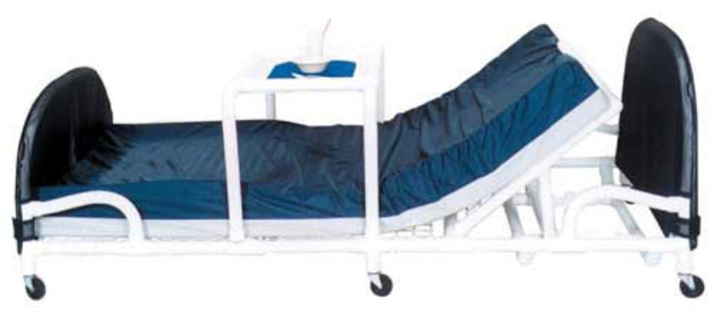 Low hospital bed with smooth curved corners and secure casters