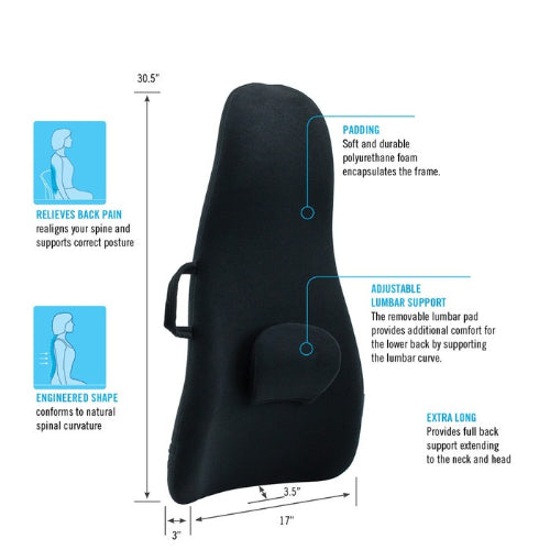 ObusForme Highback Backrest Support, Black, Extra Long with Adjustable Lumbar Pad