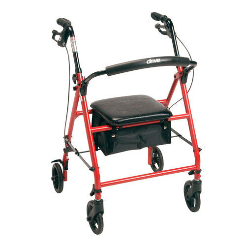 Drive Medical Steel Rollator in Red, 6-inch wheels, padded seat, Moovkart.