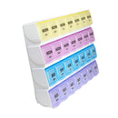 Apex 7-Day Medi Planner opened to display clearly labeled, color-coded compartments arranged for four daily doses. Moovkart.