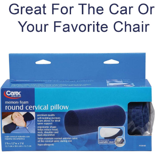 Carex Round Cervical Pillow, Memory Foam Support with Removable Blue Cover
