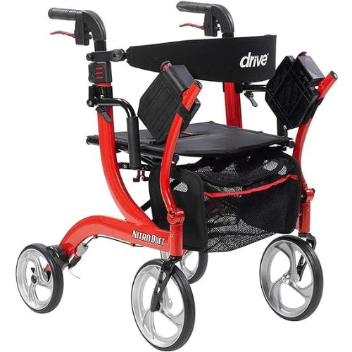 Drive Medical Nitro Duet Rollator Transport Wheelchair, Red