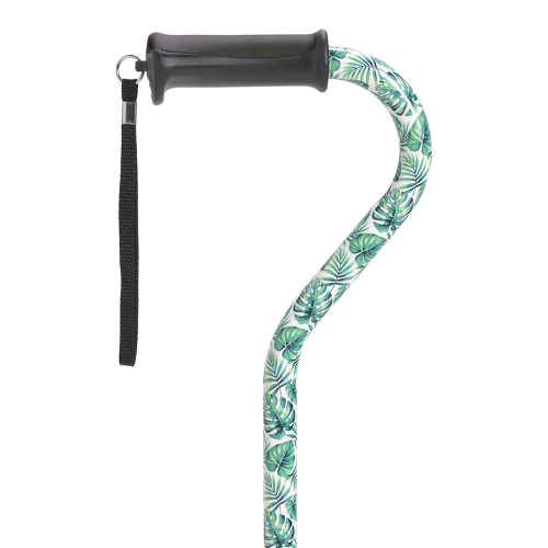 Drive Medical Offset Cane with Gel Hand Grip, Green Leaves design, featuring an ergonomic handle, soft gel grip for comfort and stability. Moovkart.