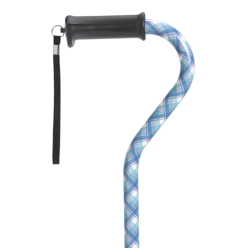 Drive Medical Offset Cane with Gel Grip in Plaid design, stylish and ergonomic mobility aid. Moovkart.