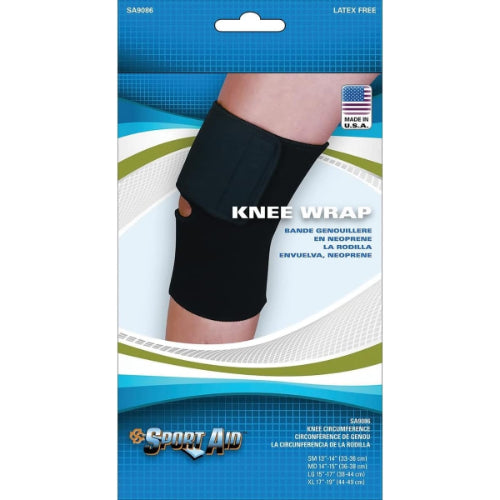 Black knee wrap with Velcro strap for flexible, breathable knee support by Sport Aid, Moovkart