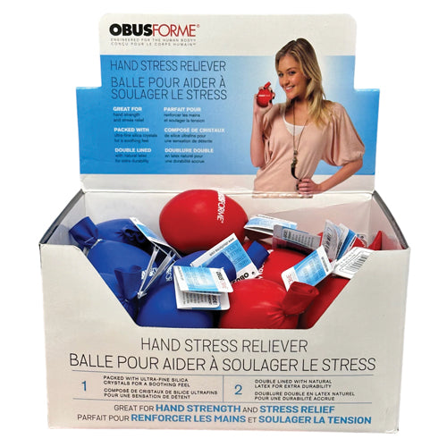Counter display of 24 ObusForme Hand Stress Relievers with durable latex for hand therapy, Moovkart