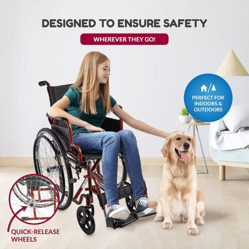 Ziggo Lightweight Folding Wheelchair, 14-Inch Seat, Red, Adjustable with Flip-Back Arms
