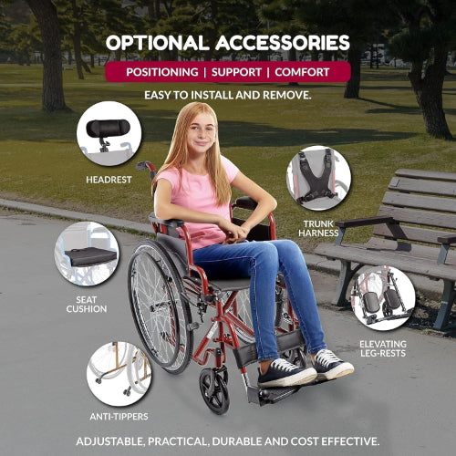 Ziggo Lightweight Folding Wheelchair, 14-Inch Seat, Red, Adjustable with Flip-Back Arms