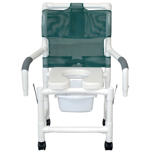 MJM International Shower Chair with 18 inches Soft Seat, Drop-Arm Design, Square Commode Pail. Ideal for comfort and convenience, Moovkart.