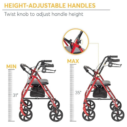 Drive medical Four Wheel Walker Rollator with Removable Back Support, Red