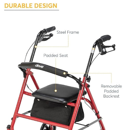 Drive medical Four Wheel Walker Rollator with Removable Back Support, Red