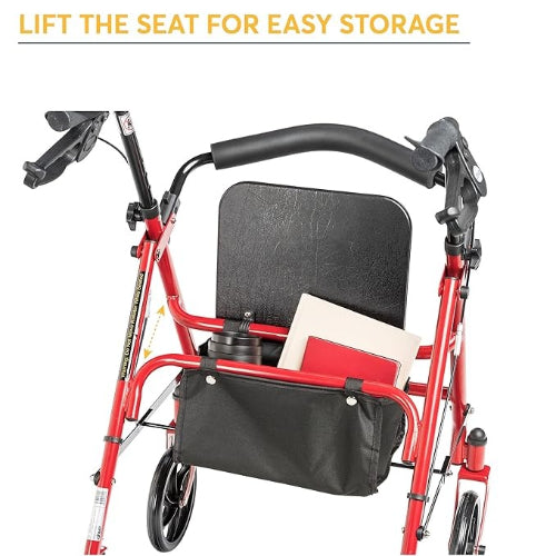Drive medical Four Wheel Walker Rollator with Removable Back Support, Red
