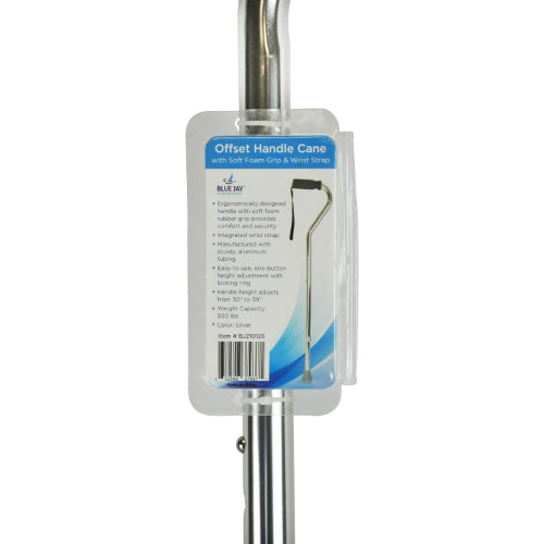BlueJay Offset Handle Cane with Soft Foam Grip and Wrist Strap, Silver