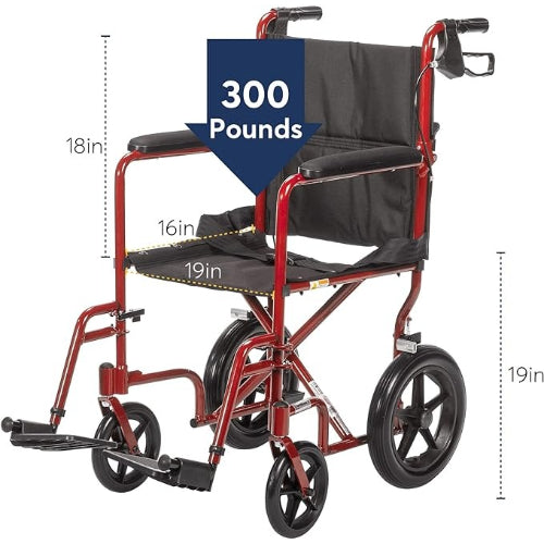 Drive Medical Expedition Aluminum Transport Chair with Loop Locks, Red