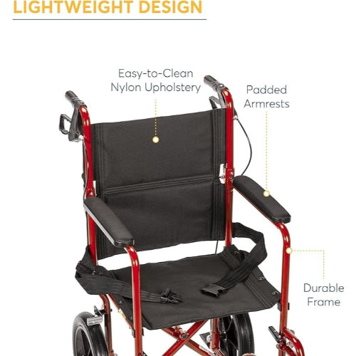 Drive Medical Expedition Aluminum Transport Chair with Loop Locks, Red