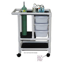MJM International Crash Cart with oxygen cylinder holder, storage tubs, top shelf for suction machine, and rust-proof casters.