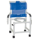 MJM International Shower Chair with 18 inch width, open-front seat, 3 inch twin casters, and double drop arms