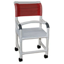 MJM International Shower Chair with 18 inch width, flatstock seat with drainage holes, lap security bar, and 3 inch twin casters