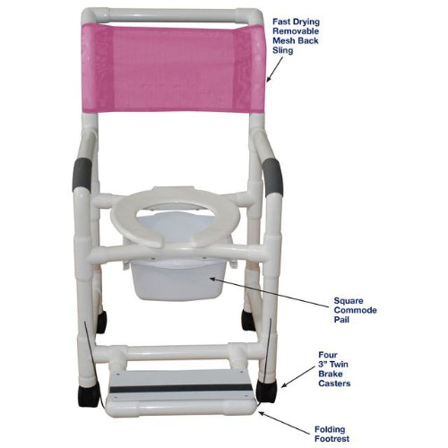 MJM International Superior Shower Chair with Folding Footrest, Square Pail, 3 inches Twin Casters, 18 inches Internal Width, 300 lbs Capacity