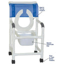 MJM International Shower Chair with Flip Front Seat, 10 Quart Commode Pail, 3 inches Twin Casters, 18 inches Internal Width, 300 lbs Capacity