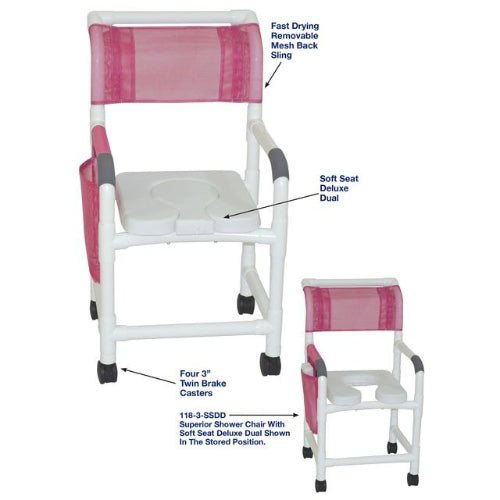 MJM International Shower Chair with Soft Seat Deluxe Dual, featuring removable center section for versatile use as shower or commode chair.