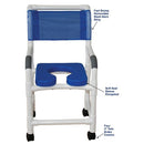 MJM International Shower Chair with Soft Seat Deluxe Elongated, featuring safety handgrips and 3 inch Twin Casters
