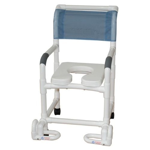 MJM International Shower Chair with 18 Inches width, open front soft seat, individual footrest, and 300 lb weight capacity