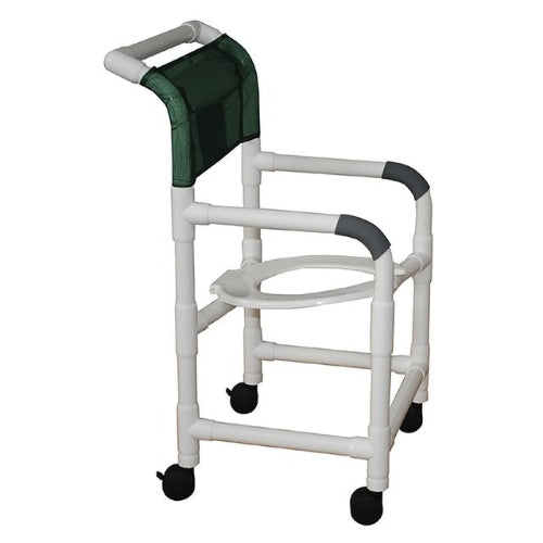 MJM International Shower Chair with 18 Inches width, tilted open front seat, rust-proof twin casters, and 300 lb weight capacity