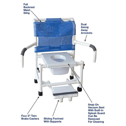 MJM International Wide Shower Chair with 22 Inch Internal Width, Full-Support Snap-On Seat, Sliding Footrest, 10 qt Commode Pail, 375 lbs Capacity