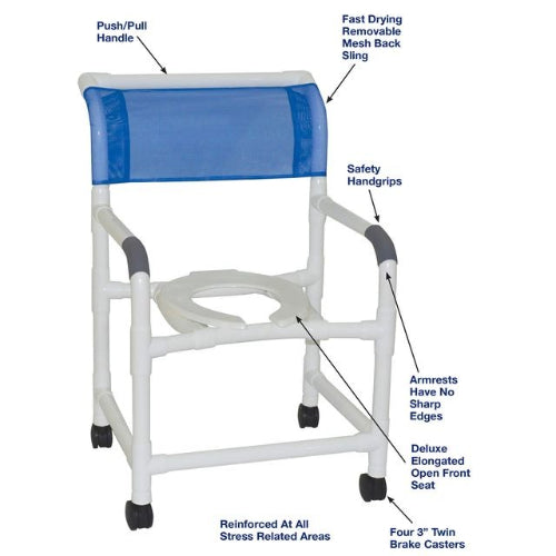 MJM International Wide Shower Chair with 22 Inches Internal Width, Open Front Seat, and Twin Casters