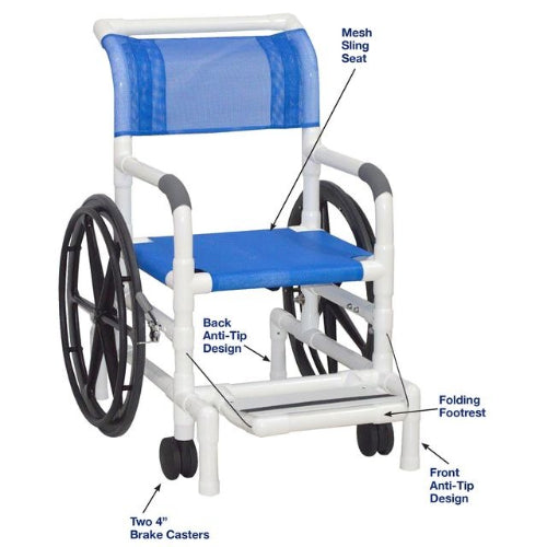 MJM International Self-Propelled Aquatic Rehab Shower Transport Chair, 18 Inch Internal Width, Mesh Sling Seat, 24 Inch Rear Wheels, 250 lbs Capacity
