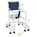 MJM International Walker with 18 inches internal width, anti-tip outriggers, height adjustable, and 3 inch twin casters.
