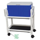 MJM International Hydration Cart with 48-quart ice chest, storage shelf, and rust-proof casters.