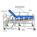 MJM gurney with canvas drain pan and duo sling featuring adjustable headrest and side rails, Moovkart.