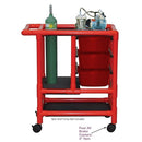 MJM International Red Crash Cart with oxygen holder, storage tubs, suction machine shelf, and rust-proof casters.