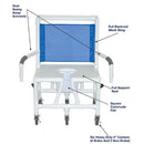 MJM International Bariatric Shower Chair with 26 inches internal width, double drop arms, 10 qt slide-out commode pail, and 600 lbs weight capacity.