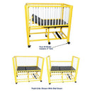 MJM International Yellow PVC Frame Pediatric Crib Bed with adjustable side rails, O2 tank holder, and 3 inch cushion.