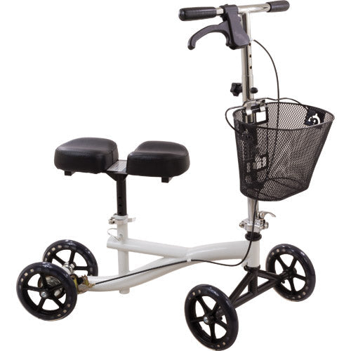 Roscoe Medical Deluxe Knee Scooter in White with adjustable handlebar, padded platform, and durable wheels for mobility support. Moovkart